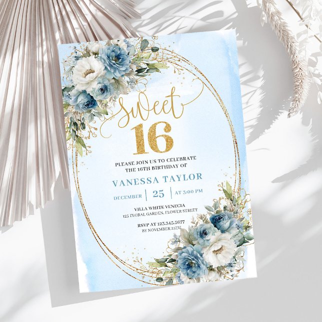 Stylish Dusty Blue Floral Gold Sweet 16th Invite (Stylish Dusty Blue Floral Gold Sweet 16th Invite)