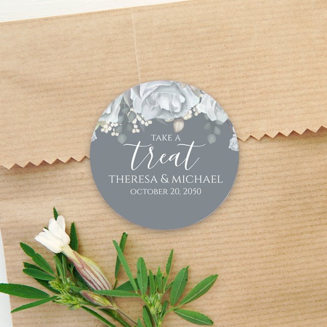 Stylish Dusty Blue Floral Take A Treat Calligraphy Classic Round Sticker (Creator Uploaded)