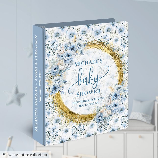 Stylish dusty blue flowers gold boy baby memory  binder (Stylish dusty blue flowers gold boy baby memory 3 ring binder)