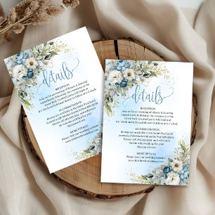 Stylish Dusty Blue Flowers Gold Wedding Insert RSVP Card
