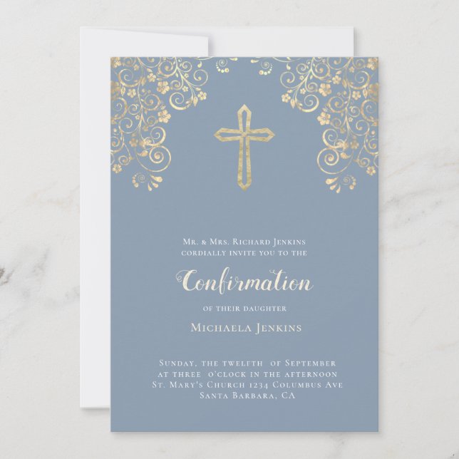 Stylish Dusty Blue Gold Bible Verse Confirmation Invitation (Front)