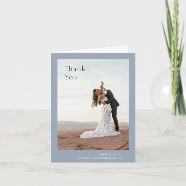 Stylish Dusty Blue Modern Wedding Thank You Card (Front)