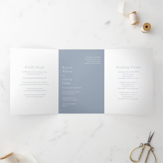Stylish Dusty Blue Modern Wedding Tri-Fold Invitation (Inside)