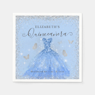 Stylish Dusty Blue Silver Glitter Gown Quinceañera Napkin