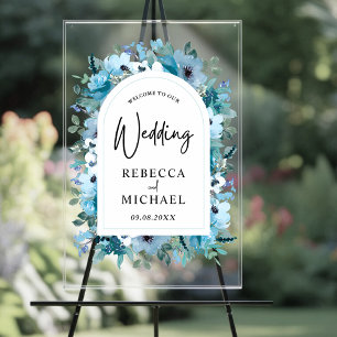 Stylish dusty blue white flowers wedding welcome  acrylic sign