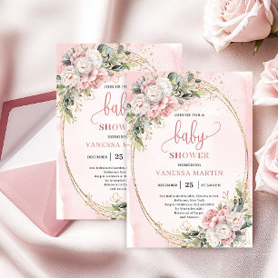 Stylish Dusty Pink Flowers Greenery Girl Baby   Invitation