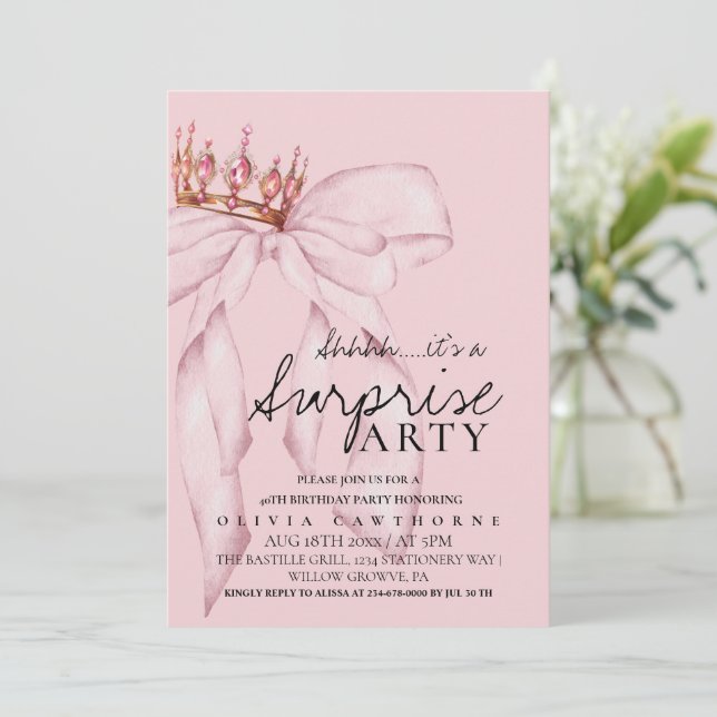 Stylish Dusty Rose Bow Surprise Birthday Party  Invitation (Standing Front)