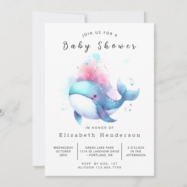 Stylish Editable Whale Baby Shower Invitation (Front)
