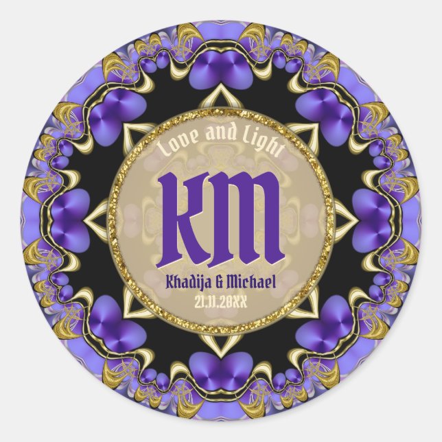 Stylish Elegance Purple Gold Lace Monogram Wedding Classic Round Sticker (Front)