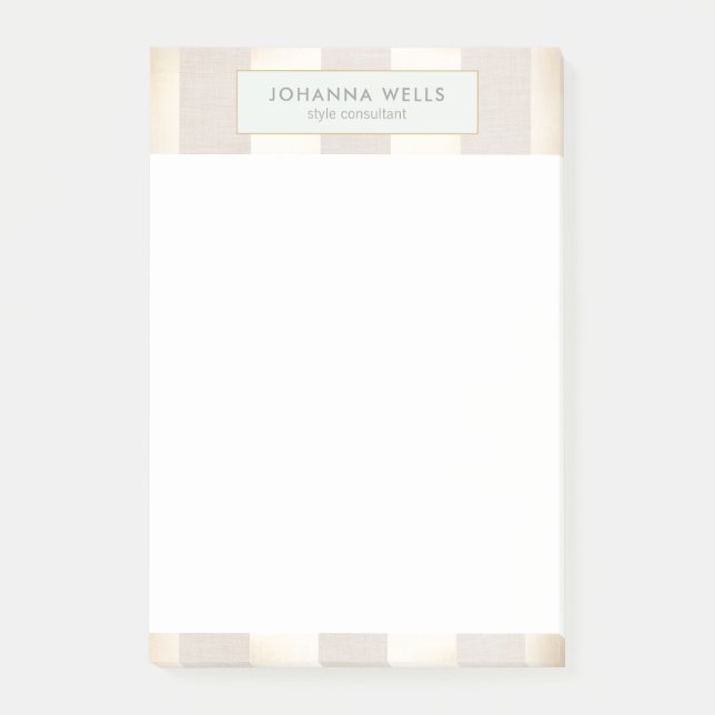 Stylish Elegant Beige Linen and Gold Striped Post-it Notes (Front)