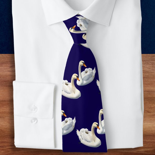 Stylish Elegant Birds Navy Blue Lake White Swans Tie (An elegant tie in navy blue, with a pattern of white swans. Ideal for nature lovers)