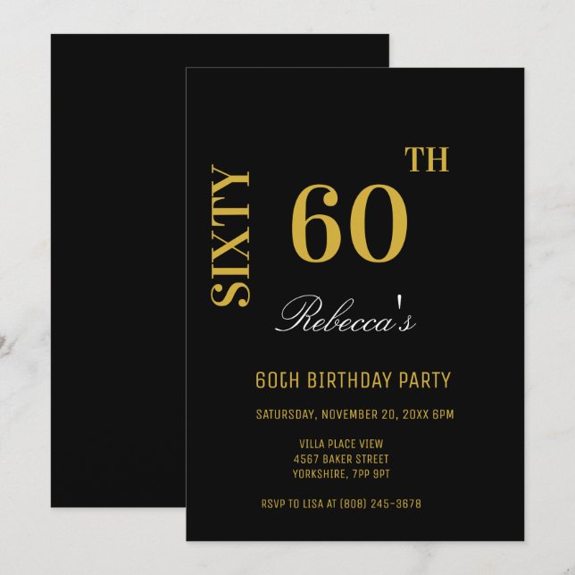 Stylish Elegant Black & Gold 60th Birthday Party  Invitation (Front/Back)
