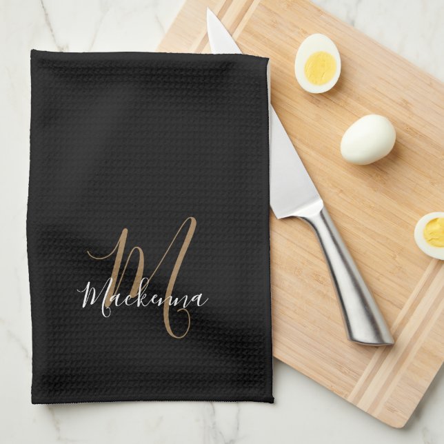 Stylish Elegant Black Gold Script Name Monogram Kitchen Towel (Quarter Fold)