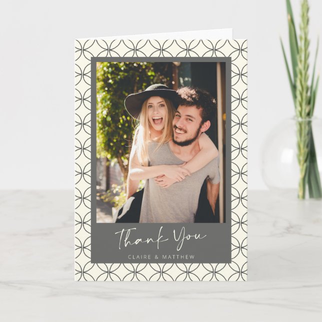 Stylish Elegant Black White Line Art Custom Photo Thank You Card (Front)