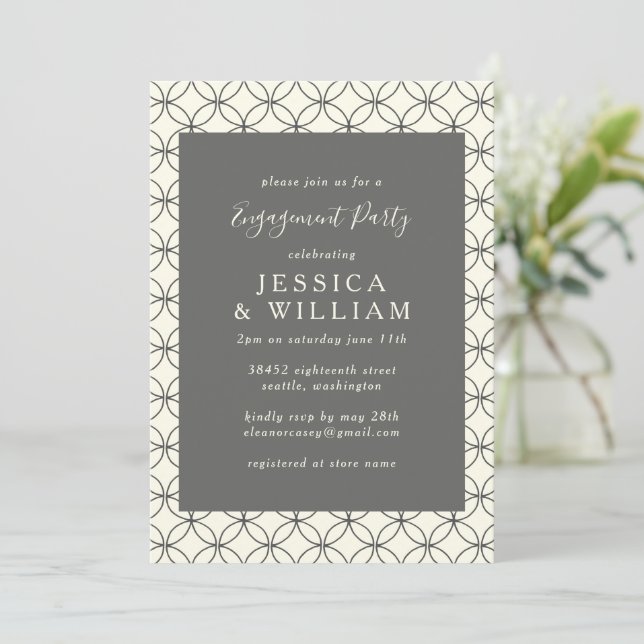 Stylish Elegant Black White Lines Engagement Party Invitation (Standing Front)
