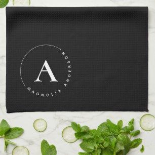 Stylish Elegant Black White Monogram  Kitchen Towel