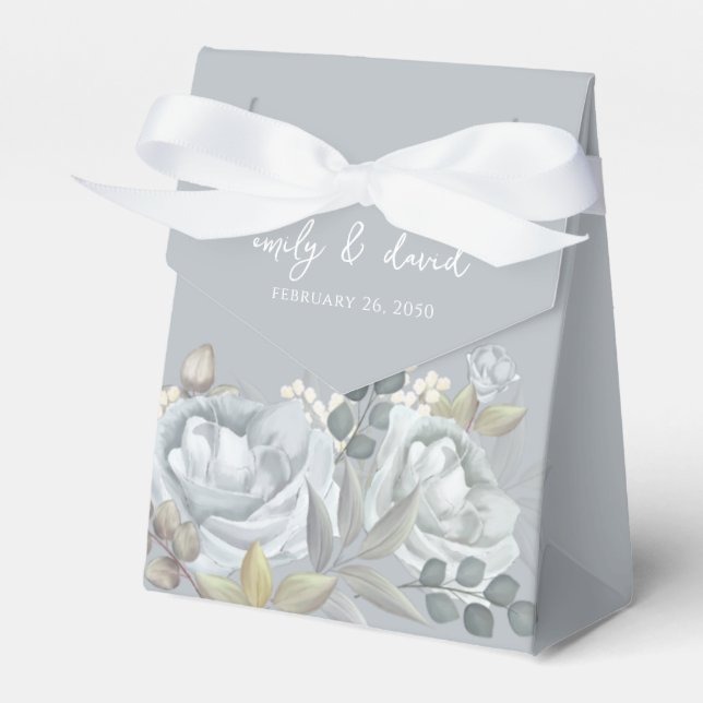 Stylish Elegant Blue Floral Calligraphy Ampersand Favor Box (Front Side)
