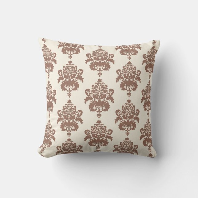 Stylish Elegant Brown White Damask Pattern Throw Pillow (Front)