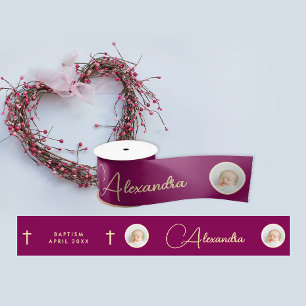 Stylish Elegant Burgundy Red Cross Photo Name Typo Satin Ribbon