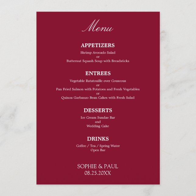 Stylish Elegant Burgundy Wedding Menu (Front)