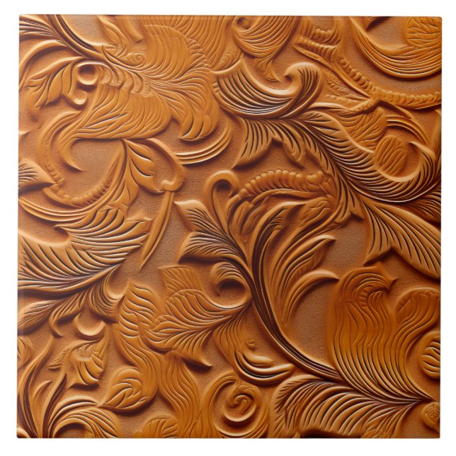 Stylish Elegant Camel Brown Faux Embossed Leather Tile (Front)
