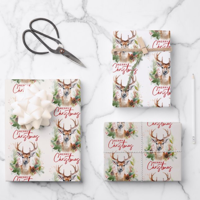 Stylish & Elegant Deer Christmas Greenery Pattern Wrapping Paper Sheet (Front)
