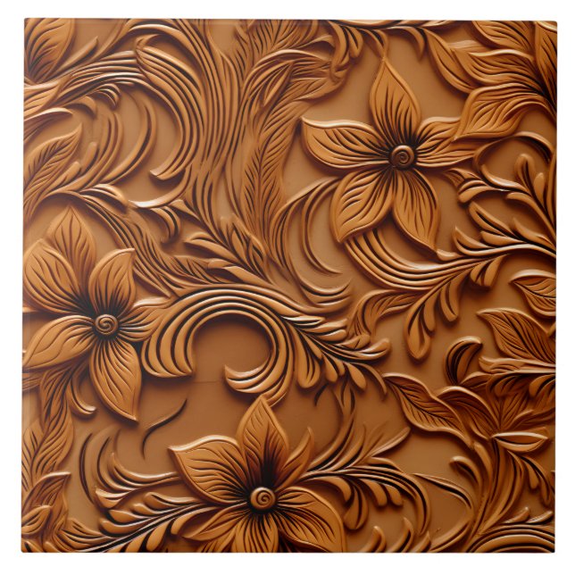 Stylish Elegant Faux Embossed Leather Camel brown Tile (Front)