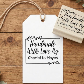 Stylish Elegant Foliage Script Handmade With Love Rubber Stamp