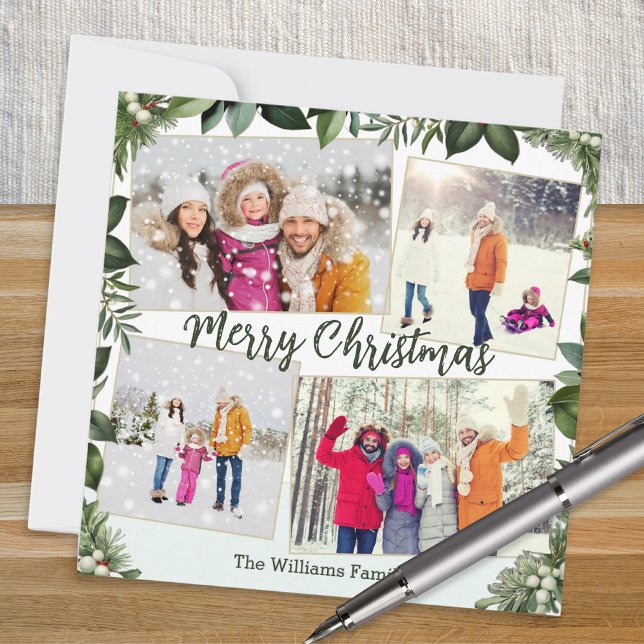 Stylish Elegant Greenery 4 Photo Collage Christmas Holiday Card (A modern Christmas card with greenery border, to personalize with four photos and name(s))
