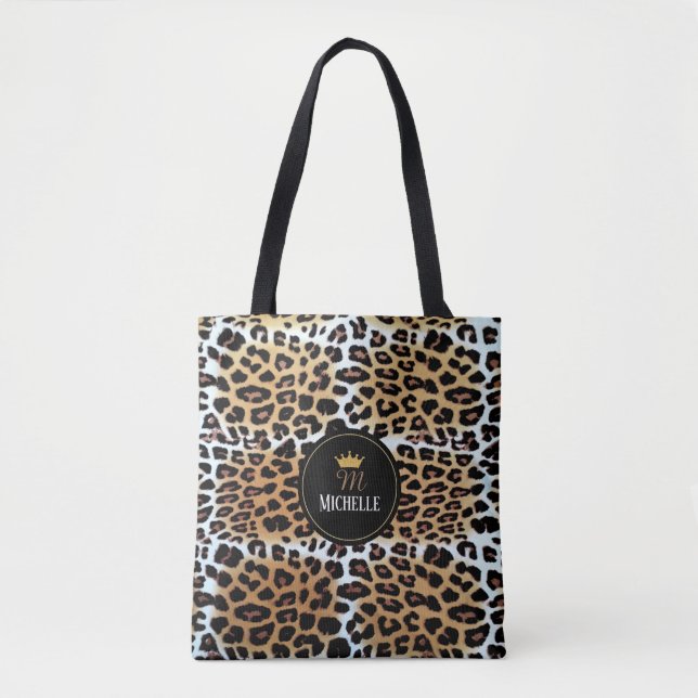 Stylish Elegant Leopard Print Crown Personalized Tote Bag (Front)
