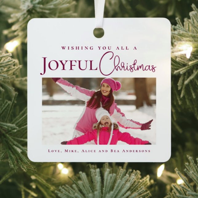 Stylish Elegant Magenta Christmas family photo Metal Ornament (Creator Uploaded)