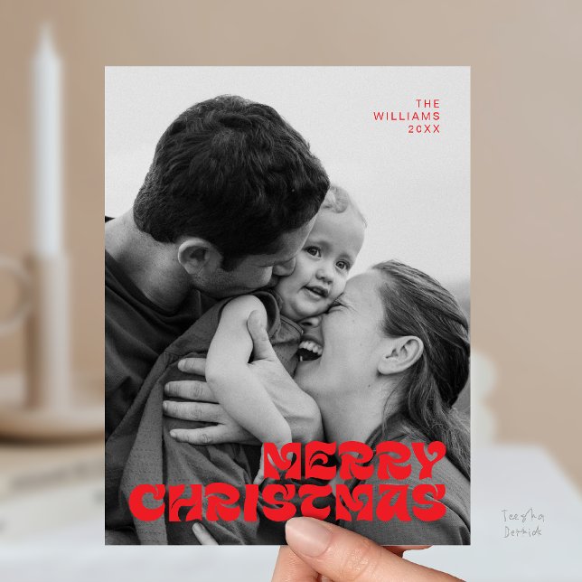 Stylish Elegant, Merry Christmas Family Photo Chic Postcard (Stylish Elegant, Merry Christmas Family Photo Chic Postcard in Romantic Bright Red)