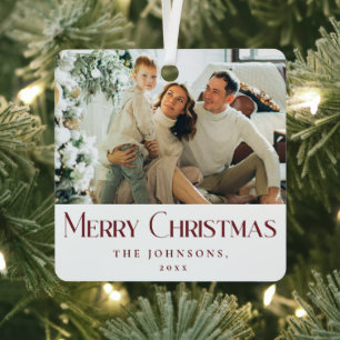 Stylish Elegant Merry Christmas Family Photo Red Metal Ornament
