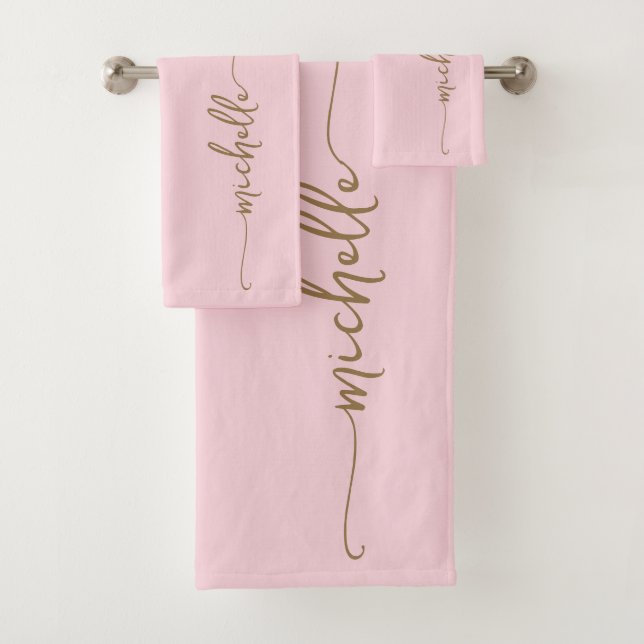 Stylish Elegant Monogram Name Script Blush Pink  Bath Towel Set (Insitu)