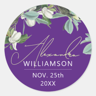 Stylish Elegant Name Date Purple Botanical Floral  Classic Round Sticker