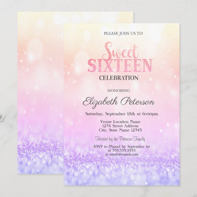 Stylish Elegant Ombre Glitter Bokeh Sweet 16 Invitation (Front/Back)