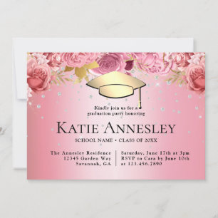 Stylish Elegant Pink Floral Graduation Invitation