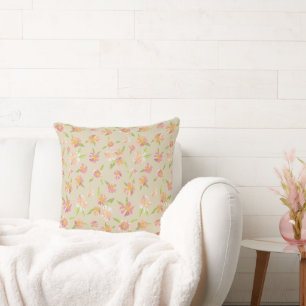 Stylish Elegant Pink Floral Pattern Beige Throw Pillow