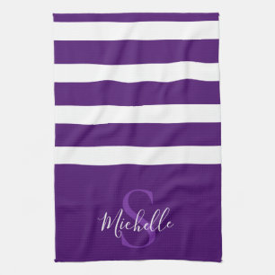 Stylish Elegant Purple Simple Striped Monogram Kitchen Towel