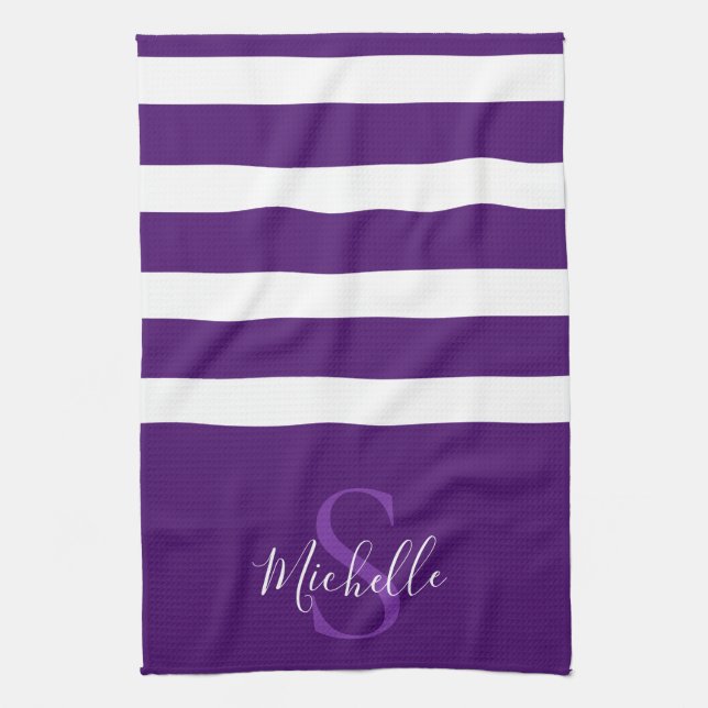 Stylish Elegant Purple Simple Striped Monogram Kitchen Towel (Vertical)