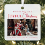 Stylish Elegant Red Merry Christmas family photo Metal Ornament<br><div class="desc">Elevate your holiday decor with our chic and contemporary personalized photo ornament. Your family name takes centre stage in timeless typography, beautifully complemented by a handwritten script font in white, all set against your full-size photograph. This modern and minimal design ensures your special photo shines in a unique way, adding...</div>