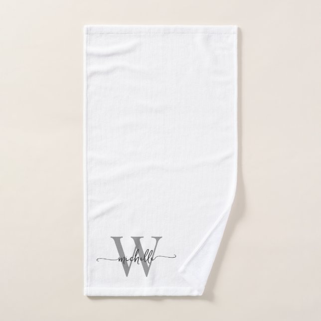 Stylish Elegant Script White Grey Monogram Name Hand Towel (Hand Towel)
