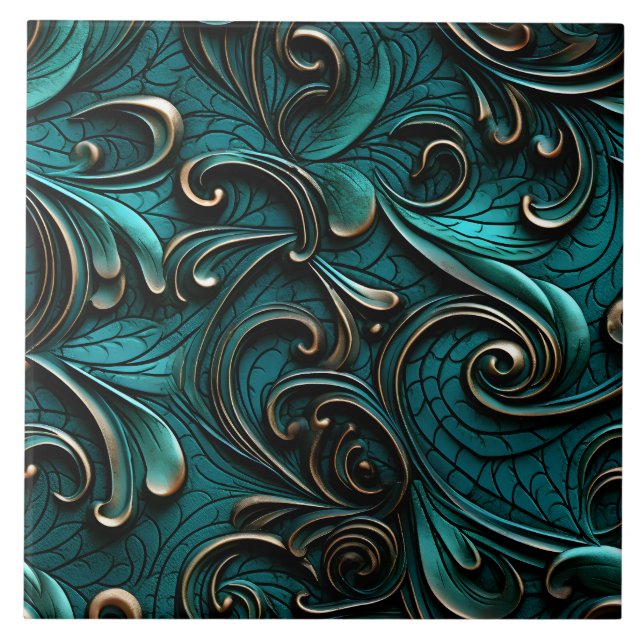 Stylish Elegant Teal Faux Embossed Leather Tile (Front)