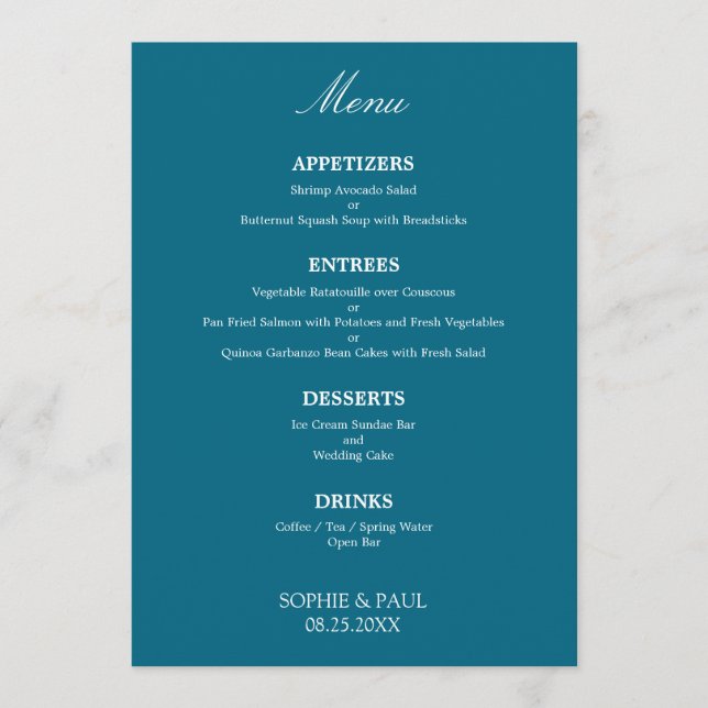 Stylish Elegant Turquoise Blue Wedding Menu (Front)