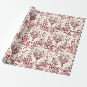 Stylish Elegant Vintage Rooster Red Floral Toile Wrapping Paper