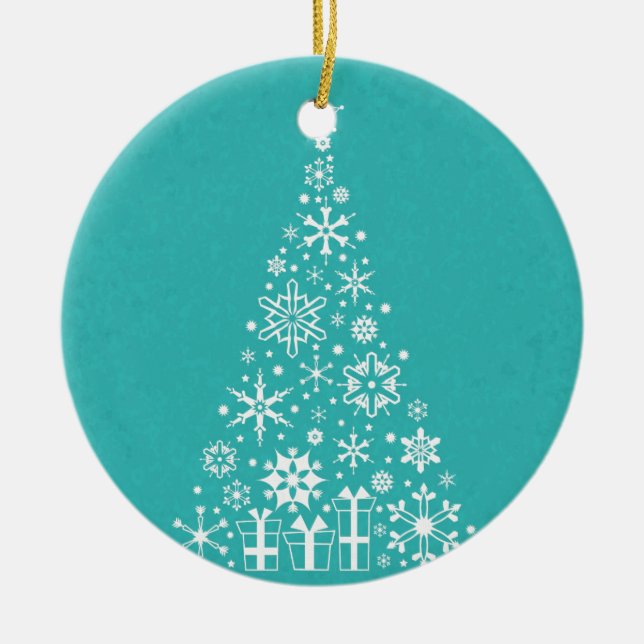 Stylish elegant white and teal Christmas tree Ceramic Ornament (Front)