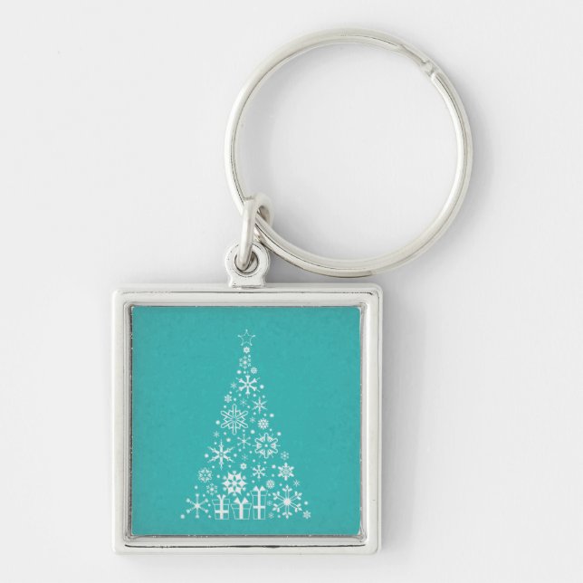 Stylish elegant white and teal Christmas tree Keychain (Front)