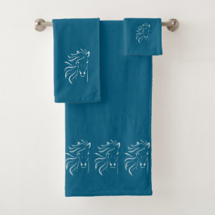 Stylish, Elegant, White Horse Silhouettes on Blue Bath Towel Set