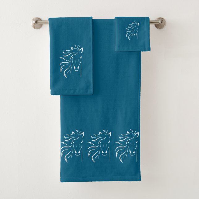 Stylish, Elegant, White Horse Silhouettes on Blue Bath Towel Set (Insitu)