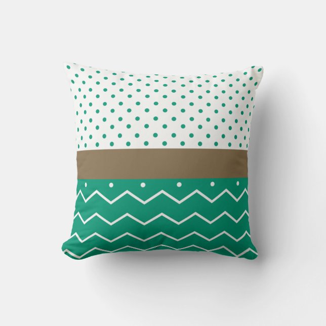 Stylish Emerald Green and White Chevron Polka Dots Throw Pillow (Front)